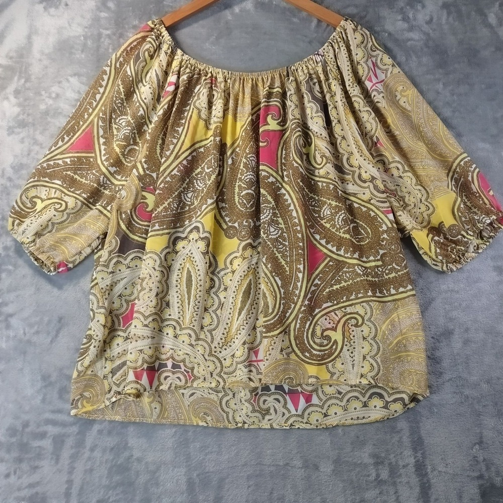 Womens Paisley Off Shoulder Peasant Top‎ Yellow Pink Boho Balloon Sleeve